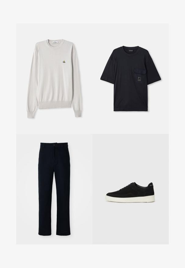 Lys beige langermet genser med ribbestrikkede mansjetter og hem, med en liten flerfarget brodert logo på venstre bryst.; Svart kortermet t-skjorte med rund hals og klaffelomme på venstre bryst, med et lite rektangulært logomerke.; Navyblå bukser laget av bomull, med rett ben-design, frontlukking med knapp og klassisk midje med beltehanker.; Svart semsket sneakers med snøring og kontrasterende hvit gummisåle. Har teksturerte sidepaneler og subtil merkevare på hælen.