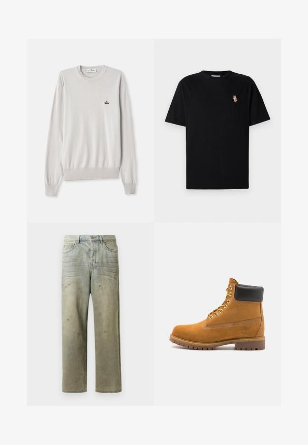 Világos bézs, hosszú ujjú pulóver bordás mandzsettákkal és aljjal, az elülső bal oldalon egy kis, színes hímezett logóval.; Fekete, rövid ujjú, kerek nyakú póló, bal mellen kis hímzett narancssárga róka logóval.; Fakó zöld, kopott farmerszadrág, egyenes lábbal, ötk zsebes kialakítással, egyenetlen kopással és festékcseppekkel.; Barna velúr bokacipő fekete párnázott gallérral, arany fém fűzőlyukakkal, fehér varrási részletekkel és durva gumitalppal, amelynek kifejezett barázdái vannak.