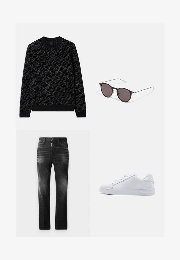 Black sweater with a textured pattern in dark green. Features a crew neck, long sleeves, and ribbed cuffs and hem.; Black cotton T-shirt featuring a round neckline, short sleeves, and "EMPORIO ARMANI" logo in white above "Milano" in a curved design.; Black denim jeans with a straight fit. Features faded areas, minor distressing, classic five-pocket design, and a button closure.; White leather sneaker with a smooth texture, round toe, lace-up front, and flat rubber sole. Features embossed branding on the heel.; Black round sunglasses with dark lenses and slim metal arms. Includes clear temple tips and silver accents at the hinge. Minimalist design.
