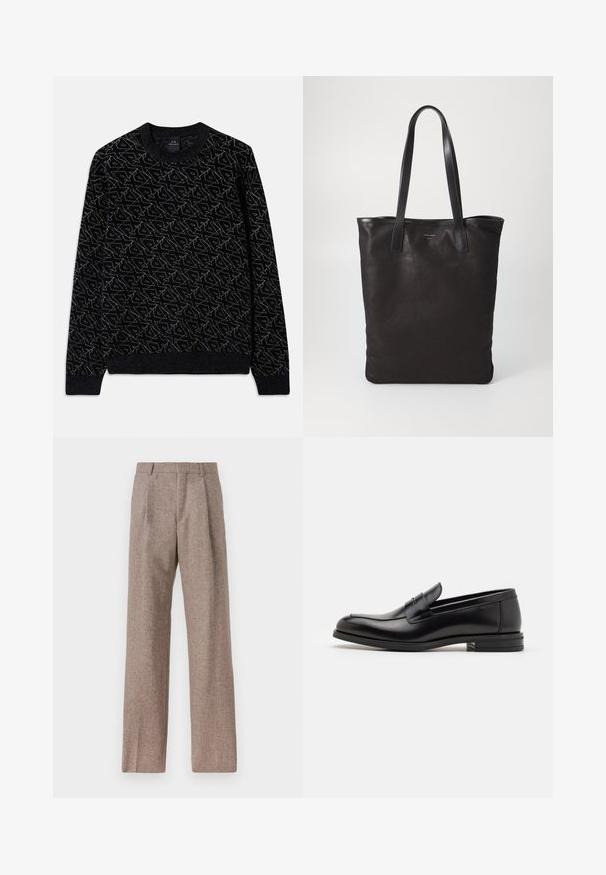 Zwarte trui met een gestructureerd patroon in donkergroen. Beschikt over een ronde hals, lange mouwen en ribgebreide manchetten en zoom.; Bruine, hooggewaisted broeken van een gestructureerde stof. Heeft wijde benen en twee voorplooien voor extra structuur. Net afgewerkt zonder zichtbare hardware.; Zwarte leren instappers met een gladde textuur, ronde neus en een decoratieve band over de wreef. Lage, gestapelde hak en minimalistisch ontwerp.; Zwarte canvas schoudertas met zwarte leren handvaten. Eenvoudig ontwerp, ruime body en een gladde textuur. Geen zichtbare logo's of patronen.