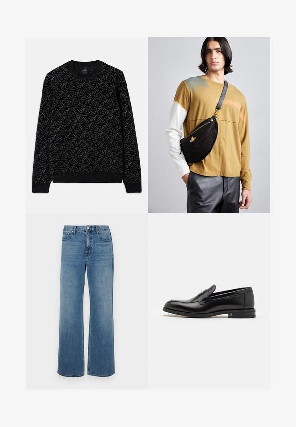 Melnas džemperis ar teksturētu rakstu tumši zaļā krāsā. Tam ir apaļa kakla izgriezums, garas piedurknes un ribotas aproces un apakšmalas.; Platās kājas zilo džinsu bikses izgatavotas no zila auduma ar izbalējušu apdari. Tām ir piecas kabatas, priekšējais pogu aizdare un taisna piegriezuma forma.; Melnas ādas kurpes ar gludu tekstūru, noapaļu purngalu un dekoratīvu siksniņu pāri priekšpusei. Zems sakrauts papēdis, minimālisma dizains.; Vivienne Westwood CITY BUMBAG UNISEX - Jostas soma - black