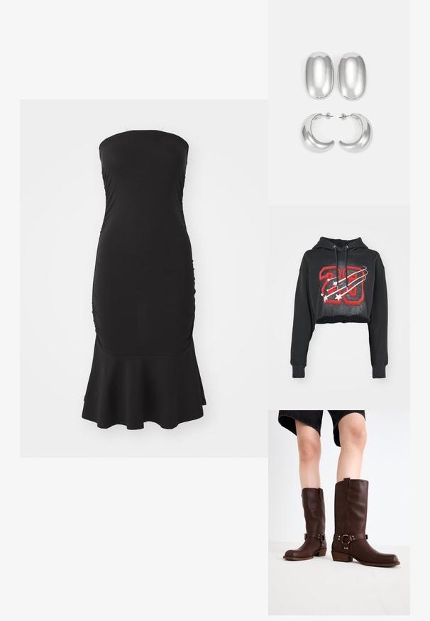 Hanorac scurt negru dintr-un amestec de bumbac, cu un grafic roșu "28", stele albe și două șnururi la glugă. Detaliu cu manșete cu nervuri.; Rochie neagră fără bretele, confecționată dintr-un material elastic, cu volane pe laterale și o margine evazată. Textură fină cu o siluetă ajustată.; Cizme din piele maro, până la genunchi, cu vârf rotunjit, suprafață texturată, curea la gleznă și detalii din metal argintiu; toc înălțat.; Set de cercei argintii: două stud-uri ovale și două cercuri în formă de semilună, având un finisaj lucios și neted și un design rotunjit.