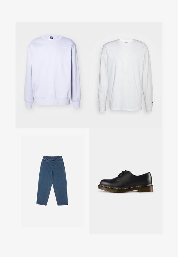 Sudadera de color púrpura claro, mezcla de algodón, cuello redondo, puños y dobladillo acanalados, presenta un pequeño logotipo blanco en la parte superior izquierda del frente. Textura suave.; Camiseta blanca de manga larga hecha de algodón. Diseño de cuello redondo con puños acanalados y un pequeño logo en la manga izquierda. Textura suave.; Vaqueros de denim azul con un corte relajado, cintura alta, diseño de cinco bolsillos y acentos de costura. Cuenta con un cierre de botón y cremallera.; Zapato de cuero negro con punta redondeada, diseño de cordones, costuras amarillas a lo largo de la suela y suela de goma gruesa y texturizada.