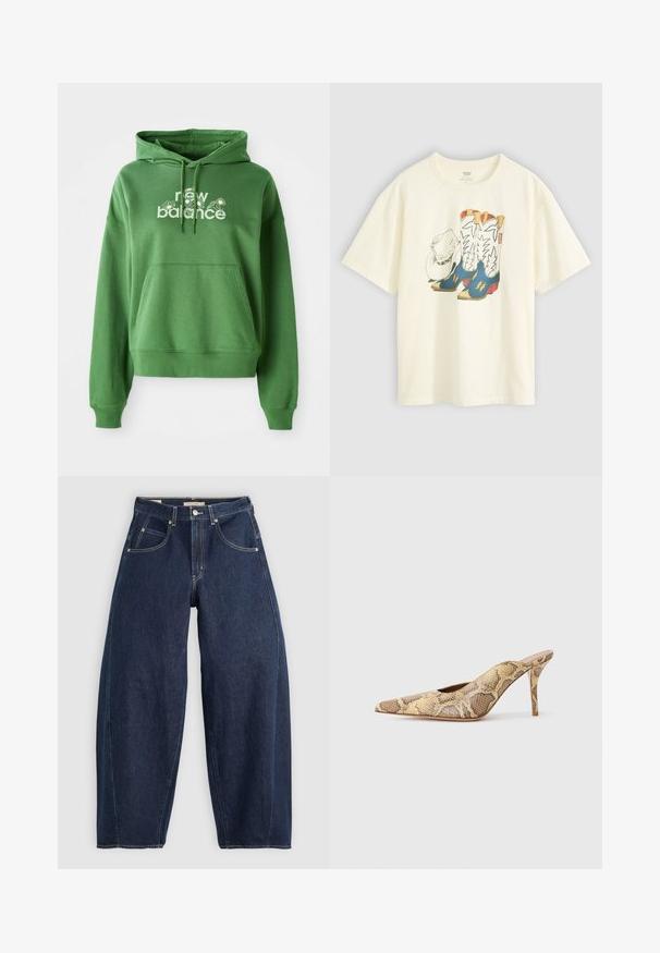 Zaļš džemperis ar kangaroo kabatu un baltu "New Balance" logotipu ar ziedu akcentiem priekšpusē.; Balts kokvilnas T-krekls, kurā attēloti kovboju zābaki un cepure. Zābaki ir zili ar dzelteniem akcentiem un baltu apdari.; Tumši zili denim džinsi ar brīvu piegriezumu, gaišiem šuvumiem, piecām kabatām un pogu aizdari jostasvietā.; Norakā uzpirkste siksnās papēži ar faktūras čūsku rakstu, kurā ir beidzīga un brūna nokrāsa; izceļas ar stiletto papēdi un izgrieztām pusēm.