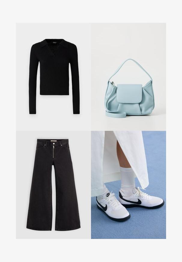 Svart stripete langermet genser med V-hals og kragedesign, med teksturert stoff og tettsittende silhuett.; Vide benbukser i sort denim med glidelås i front, fem-lomme design og subtile sømdetaljer. Glatt tekstur og avslappet stil.; Hvite Nike-sneakers med sorte detaljer, med en glatt læroverdel, hvite snørebånd og robuste gummiyttersåler, parret med hvite ribbestrikkede sokker.; Lys blå lærveske med topphåndtak, frontlomme med klaff og avtagbar håndleddsstropp på hvit bakgrunn.