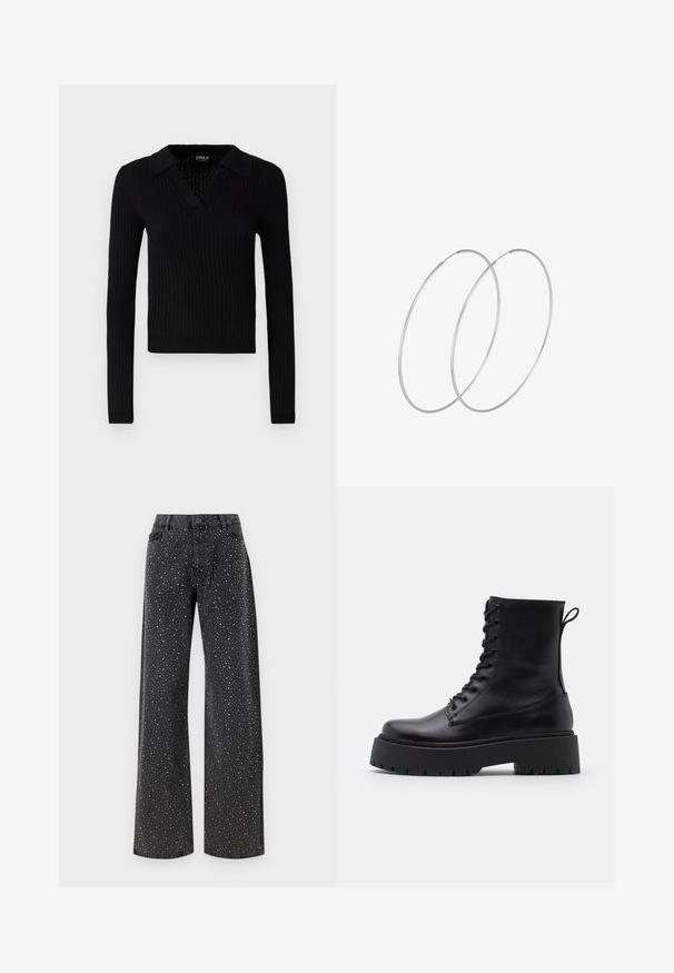 Črni rebrasti pulover z dolgimi rokavi in V-izrezom ter ovratnikom, ki se ponaša z teksturirano tkanino in prilagojenim silhueto.; Noisy May NMJANNEL LOOSE - Široke kavbojke - black denim; Črne usnjene gležnjarje z okroglo konico, vezalnim sprednjim delom in debelim gumijastim podplatom z teksturiranim profilom. Zanka na hrbtni strani.; Srebrne uhane v obliki obroča z minimalističnim dizajnom. Krožna oblika, gladka tekstura in tanek profil. Lahki s poliranim zaključkom.