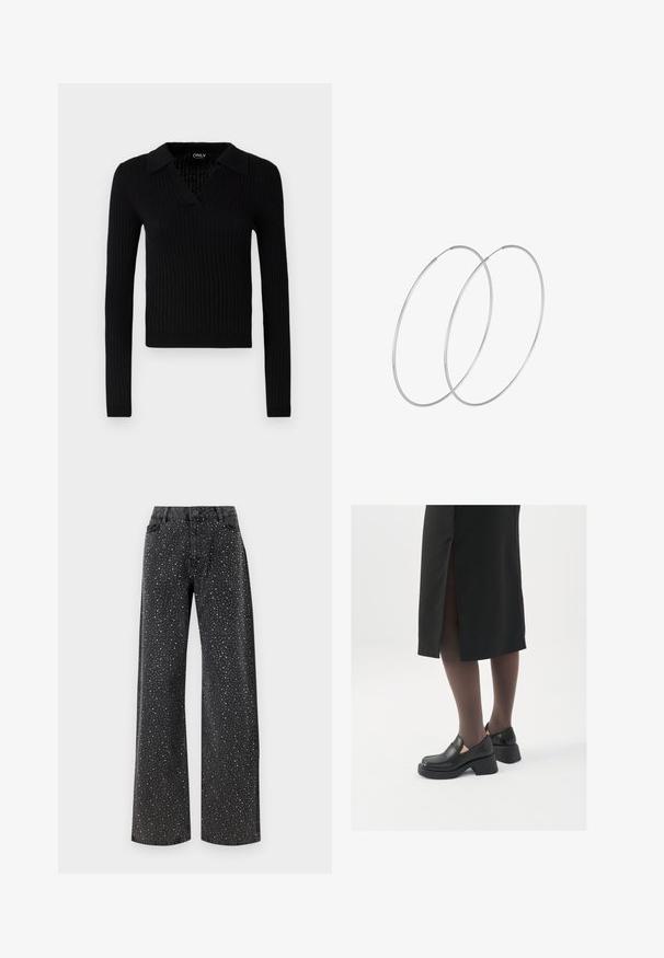 Maglione lungo a maniche lunghe nero a coste con scollatura a V e colletto, caratterizzato da un tessuto striato e una silhouette aderente.; Noisy May NMJANNEL LOOSE - Jeans baggy - black denim; Scarpe in pelle nera con punta arrotondata, tacco spesso a blocco e accenti laterali in elastico, abbinate a collant scuri e una gonna nera con uno spacco.; Orecchini a cerchio in argento con un design minimalista. Forma circolare, superficie liscia e profilo sottile. Leggeri con una finitura lucida.