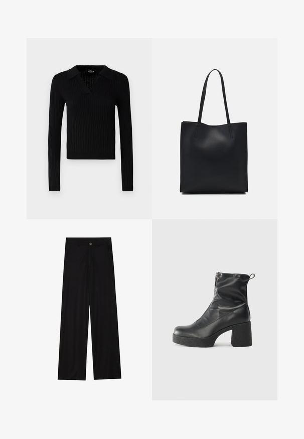Black ribbed long-sleeve sweater with a V-neck and collared design, featuring a textured fabric and fitted silhouette.; Wide-leg black trousers made of a smooth fabric, featuring front pockets and a button closure at the waist. Minimalist design with no patterns.; Black ankle boots made of smooth leather, featuring a side zipper, chunky textured heel, and rounded toe design.; Black leather tote bag with smooth texture, rectangular shape, and two long handles. No visible hardware or embellishments.