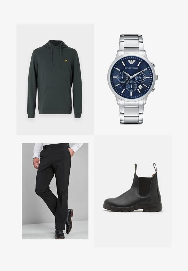 Sötétzöld kapucnis felső puha anyagból, elöl kenguruzsebbel, húzózsinórral ellátott kapucnival, és egy kis sárga hímezett logóval a mellkasán.; Fekete öltöny nadrág, testhezálló szabással, sima felülettel, egyenes lábszárral és övhurkokkal, fényes fekete öltönycipővel párosítva.; Fekete bőr Chelsea csizma rugalmas oldalsó panelekkel, húzófüllel, masszív gumitalppal és steppelt részletekkel. Simább textúra az egész felületen.; Emporio Armani Kronográf óra - silver-coloured