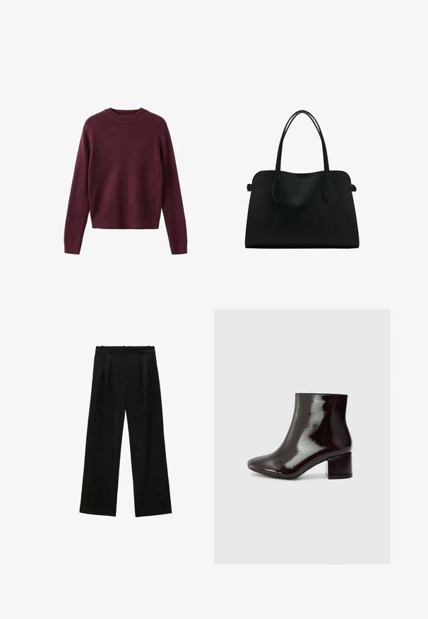Dug rukav dugih rukava pleteni pulover u tamnoj burgundi boji s rebrastim manžetama i donjim rubom, prikazan na bijeloj pozadini.; Crne široke hlače s plisama, s glatkom teksturom i visokim strukom. Minimalistički stil, bez vidljivih metalnih dijelova ili ukrasa.; Crne lakirane čizme do gležnjeva s oblikom u obliku špice i debelim potplatom. Glatka tekstura s suptilnim sjajem i čistim linijama, minimalistički dizajn.; Crna kožna torba s dvostrukim naramenicama, pravokutnog oblika i minimalističkim dizajnom na bijeloj pozadini.