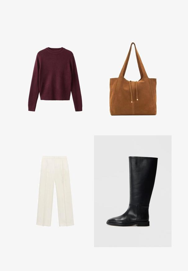Maglione a maniche lunghe con scollo rotondo, in maglia, di colore bordeaux scuro, con polsini e orlo a coste, esposto su uno sfondo bianco.; Pantaloni a gamba larga di un leggero colore crema. Realizzati in un tessuto morbido con pieghe sul davanti e tasche laterali.; Stivale in pelle nera al ginocchio con punta arrotondata, texture liscia, design minimalista e suola piatta. Dettagli di cucitura semplici sulla gamba.; Borsa a tracolla in suede marrone con due lunghe cinghie, chiusura con cordoncino e design minimalista. Texture liscia e senza elementi hardware visibili.