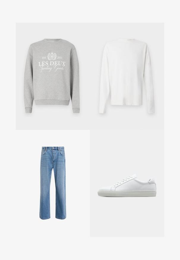 Jasnoszary sweter z okrągłym dekoltem, z białym nadrukiem "LES DEUX Sporting Goods" oraz logo. Rękawy oraz dół z ściągaczem.; Biała, bawełniana koszula z długim rękawem, okrągłym dekoltem, bocznymi rozcięciami na dole oraz gładką fakturą, wyeksponowana z tyłu.; Jasnoniebieskie dżinsy o prostym kroju, pięć kieszeni, zapięcie na guzik, minimalne blaknięcia i kontrastowe wykończenia szwów.; Białe sneakersy z gładką skórzaną cholewką i niskim profilem. Posiadają okrągły nos, sześć dziurek na sznurówki oraz teksturowaną gumową podeszwę.
