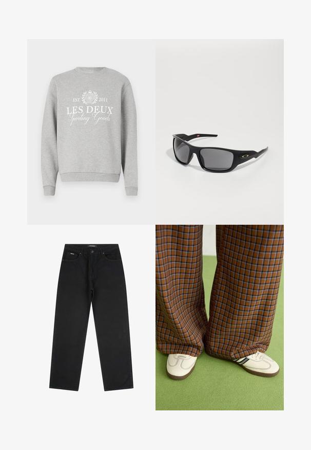 Lichtgrijze sweatshirt met een ronde hals, voorzien van witte bedrukt tekst "LES DEUX Sporting Goods" en een logo. Geribbelde manchetten en onderrand.; Zwarte rechte jeans met voorste knop en rits, riemlussen en vijf-pocket ontwerp, plat gelegd op een witte achtergrond.; Bruine en blauwe geruite wijde broek, gecombineerd met witte schoenen met zwarte accenten en een gestructureerde zool, gezet tegen een groene achtergrond.; Zwarte zonnebril met een rechthoekige vorm, gemaakt van duurzaam plastic, met grijzige getinte glazen en een gouden accent aan de zijkant.