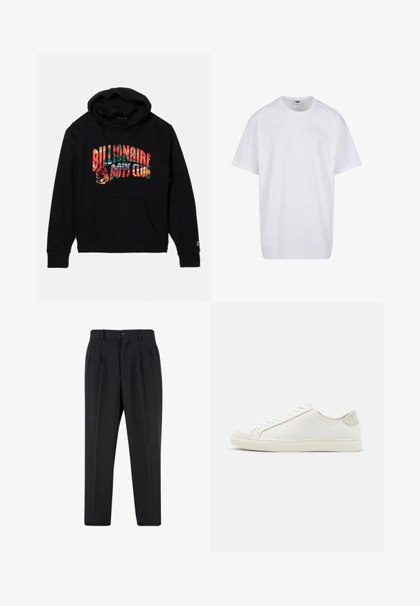 Černá mikina s kapucí vyrobená z měkké tkaniny má přední kapsu, stahovací kapuci a barevnou grafiku "Billionaire Boys Club".; Bílé triko z bavlny s krátkým rukávem, kulatým výstřihem, volným střihem a bez viditelných log či vzorů. Hladká textura a minimalistický design.; Černé kalhoty s plisovaným předním designem, vyrobené z hladké tkaniny. Obsahují zapínání na knoflík a poutka na opasek; rovný střih.; Bílé kožené tenisky s hladkým povrchem, kulatou špičkou a minimalistickým designem. Disponují béžovými akcenty na patě a gumovou podešví.
