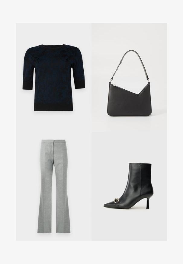 Sweater de mangas curtas em azul marinho escuro com um padrão floral em preto, decote redondo e punhos e barra em preto contrastantes. Textura suave.; Calças cinzentas largas com costuras verticais, feitas de um tecido suave e texturizado. Apresentam uma cintura ajustada e um acabamento liso.; Bota preta de couro até ao tornozelo com bico apontado, salto slim de altura média e detalhe em fivela prateada de lado, contra um fundo simples.; Bolsa de couro preta com formato triangular, alça fina e detalhes em metal prateado. Apresenta um fecho com zíper e logótipo em relevo na parte frontal.