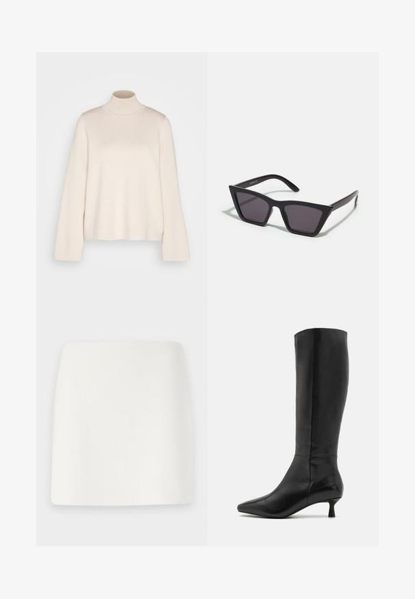 Cream turtleneck sweater with long sleeves, made of soft knit fabric. Features a fitted collar and relaxed silhouette. No visible patterns or accents.; White, fitted mini skirt with a smooth texture and clean lines. No visible patterns or hardware. Straight hem at the bottom.; Zign Boots - black; Black, angular sunglasses with gray lenses; made of plastic, featuring thick arms with a smooth surface and no visible hardware.; Black suede clutch bag with a zip closure and detachable wrist strap. Features gold-tone hardware and a smooth, matte texture.