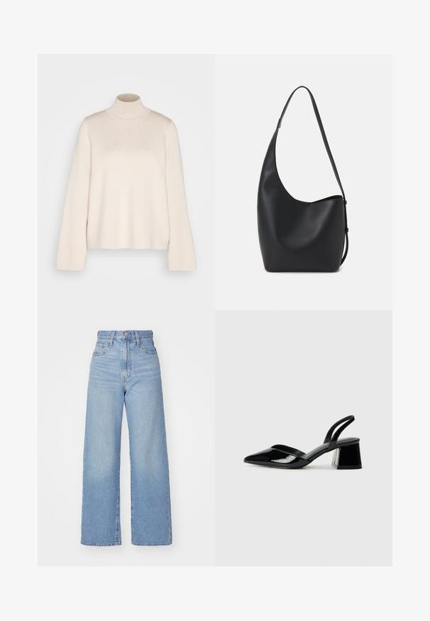 Krēms krāsas augsto kakla džemperis ar garām piedurknēm, izgatavots no mīksta adīta auduma. Raksturīga pieguļoša apkakle un brīvs siluets. Nav redzamu motīvu vai akcentu.; Gaiši zili augstās jostas vidukļa platās bikses ar priekšējo pogu un rāvējslēdzēju, priekšējām un aizmugurējām kabatām uz baltā fona.; Melna lakota āda ar atvērto papēdi, ar smailu purngalu un ģeometrisku blokpapēdi. Iezīmējas elegants, minimāls dizains un gluda tekstūra.; Melnas ādas hobo soma ar gludu tekstūru, izliekta forma un vienu regulējamu jostu; augšā ir plaša atvere.