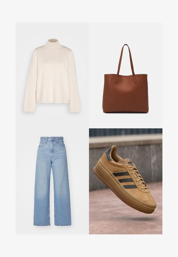 Maglione a collo alto crema con maniche lunghe, realizzato in morbido tessuto a maglia. Caratterizzato da un colletto aderente e una silhouette rilassata. Senza motivi o accenti visibili.; Jeans a vita alta blu chiaro con gamba larga, chiusura frontale con bottone e zip, tasche anteriori e posteriori, su uno sfondo bianco.; Sneakers in camoscio beige con texture liscia, caratterizzati da tre strisce scure, punta arrotondata e suola più spessa con un bordo decorato.; Borsa tote in pelle marrone con texture liscia, design con apertura superiore e due spallacci. Presenta cuciture minime e nessun hardware visibile.