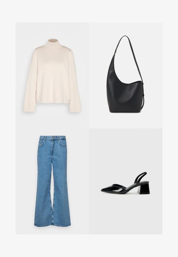 Cream turtleneck sweater with long sleeves, made of soft knit fabric. Features a fitted collar and relaxed silhouette. No visible patterns or accents.; Light blue flared jeans made of denim, featuring a high waist, five pockets, and a single button closure. Soft texture with faded finish.; Black patent leather slingback heels with a pointed toe and a geometric block heel. Features a sleek, minimal design and smooth texture.; Black leather hobo bag with a smooth texture, curved shape, and single adjustable strap; features a wide opening at the top.