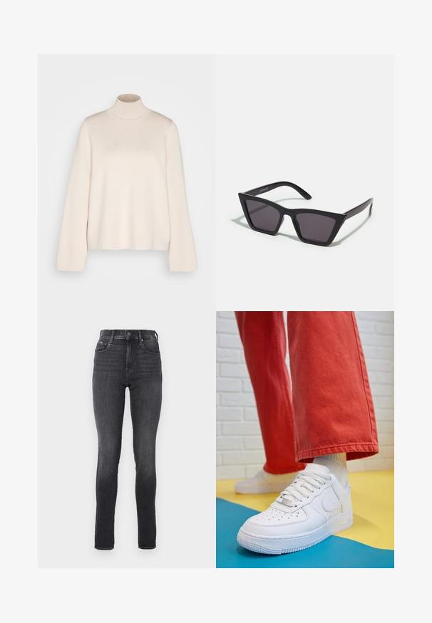 Krēms krāsas augsto kakla džemperis ar garām piedurknēm, izgatavots no mīksta adīta auduma. Raksturīga pieguļoša apkakle un brīvs siluets. Nav redzamu motīvu vai akcentu.; Augsta jostasvieta šaurās džinsās tumši pelēkā krāsā ar gludu tekstūru, ar priekšējiem kabatām un metāla pogu aizdari jostasvietā.; Baltās ādas kedas ar perforētu purngalu, teksturētu zoli un baltām auklām, apvienotas ar platām sarkanām biksēm un zilu un dzeltenu fona.; Melni, stūrveida saulesbrilles ar pelēkiem objektīviem; izgatavotas no plastmasas, ar biezām kājām, kam ir gluda virsma un nav redzamu stiprinājumu.