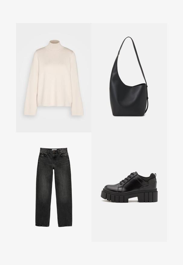 Pulover crem cu guler înalt și mâneci lungi, realizat dintr-un material tricotat moale. Dispune de un guler ajustat și o siluetă relaxată. Fără modele sau accente vizibile.; Blugi negri din denim cu o croială lejeră, picior drept, design cu cinci buzunare și o textură ușor decolorată. Închidere cu nasture și fermoar în față.; Pantofi cu talpă plată din piele neagră, cu toc gros, vârf rotund și design tradițional cu șireturi. Prezintă o textură netedă și detalii minime.; Geantă hobo din piele neagră, cu o textură netedă, formă curbată și un singur bretele ajustabil; are o deschidere largă în partea de sus.