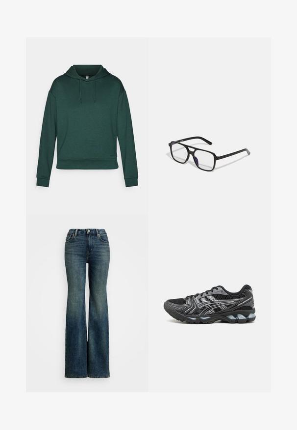 Sudadera verde hecha de tela suave, con capucha ajustable, mangas largas y un corte relajado. Textura suave con puños acanalados.; Jeans de mezclilla azul acampanados con una cintura alta, que cuentan con cinco bolsillos y detalles en costura. La tela tiene una textura clásica deslavada.; Zapatilla deportiva negra con parte superior de malla, detalles plateados y suela acolchada. Presenta un diseño con cordones y una suela texturizada para mayor agarre.; Gafas rectangulares negras con lentes transparentes y un sutil tono púrpura, con brazos elegantes y un diseño minimalista.