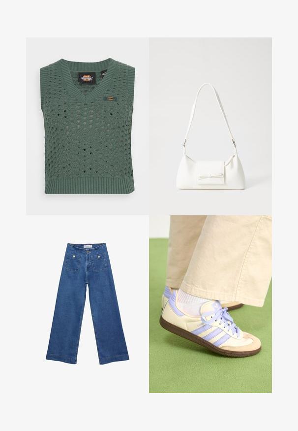 Grüner gestrickter Pullunder mit V-Ausschnitt, der ein offenes Häkelmuster und einen gerippten Saum aufweist. Enthält ein Etikett mit einem Logo auf der Vorderseite.; Denim-Hosen im weiten Schnitt mit einer mittleren blauen Waschung, zwei Vordertaschen mit Knopfverschluss und genähten Details entlang der Säume.; Cremefarbene und lavendelfarbene Sneakers mit drei Streifen und einer strukturierten braunen Sohle, ausgestattet mit Schnürsenkeln und einer gepolsterten Ferse. Obermaterial aus weichem Stoff.; Weiße synthetische Handtasche in dreieckiger Form, flache Vorderklappe und Schleifendetail, verstellbarer Trageriemen, glatte Textur und minimalistisches Design.