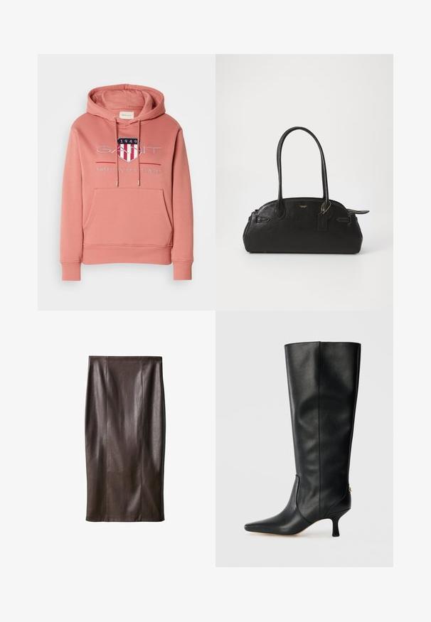 Rosa Hoodie mit Kängurutasche, Kapuze mit Kordelzug und gesticktem Logo, das ein Schild mit roten und weißen Streifen zeigt. Weicher Stoff.; Brauner Leder-Bleistiftrock mit glatter Textur, knielang, mit vertikalen Nähten zur Gestaltung. Keine zusätzlichen Beschläge oder Akzente.; Schwarze Lederknöchelhohe Stiefel mit spitzem Zeh, schlankem Design und taperiertem 8 cm Absatz. Mit einem goldenen Akzent auf der Rückseite.; Schwarze Lederhandtasche mit runder Form, zwei langen Griffen, goldenen Beschlägen und einem kleinen Anhänger. Mit Reißverschluss oben.