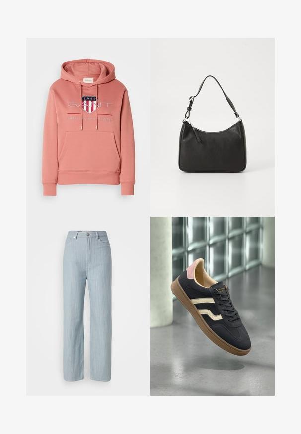 Rosa Hoodie mit Kängurutasche, Kapuze mit Kordelzug und gesticktem Logo, das ein Schild mit roten und weißen Streifen zeigt. Weicher Stoff.; Helle blaue gerade geschnittene Jeans aus Denim. Verfügt über fünf Taschen, einen Metallknopfverschluss und dezente Waschungen für zusätzliche Textur.; Marineblaue Leder-Sneaker mit cremefarbenen Streifen, rosa Akzenten an der Ferse und einer strukturierten, tannfarbenen Gummisohle. Klassisches Low-Top-Design.; Schwarze Lederhandtasche mit geschwungener Form, einem einzigen Tragegurt, Reißverschlussverschluss und dezentem Branding auf der Vorderseite. Glatte Textur, minimalistisches Design.