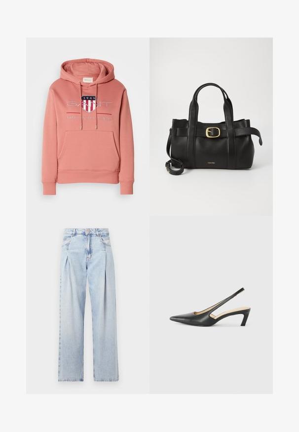 Rosa Hoodie mit Kängurutasche, Kapuze mit Kordelzug und gesticktem Logo, das ein Schild mit roten und weißen Streifen zeigt. Weicher Stoff.; Helle blaue Denim-Jeans mit hoher Taille, weitem Beinschnitt, zwei seitlichen Taschen und gefaltetem Design. Weiche Textur mit einem ausgebleichten Finish.; Schwarzer spitz zulaufender Slingback-Schuh mit niedrigem Absatz, der aus glattem Leder gefertigt ist und seitliche Ausschnitte für Atmungsaktivität aufweist.; Schwarze Lederhandtasche mit strukturiertem Design, doppelten oberen Griffen, goldfarbenem Schnallenakzent und geprägtem Markenlogo auf der Vorderseite.