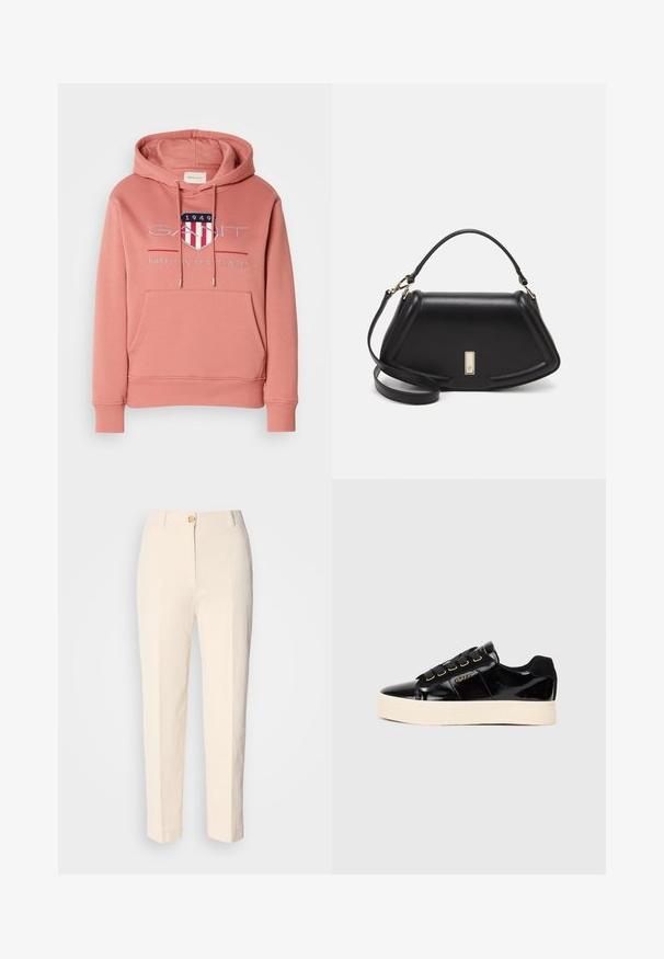 Roze hoodie met een kangoeroezak, trekkoordcapuchon en geborduurd logo met een schild met rode en witte strepen. Zachte stof.; Crèmekleurige, hooggerocalde broeken van een gestructureerde stof. Voorzien van een sluiting met knoop aan de voorkant en taps toelopende pijpen.; Zwarte patent leren sneakers met een platte crèmekleurige zool. Voorzien van zwarte veters, gouden oogjes en logodetail aan de zijkant. Rondneus ontwerp.; Zwarte leren handtas met een gestructureerd ontwerp, featuring een verkorte vorm, bovenhandvat en gouden hardwareaccent. Inclusief verstelbare schouderband.