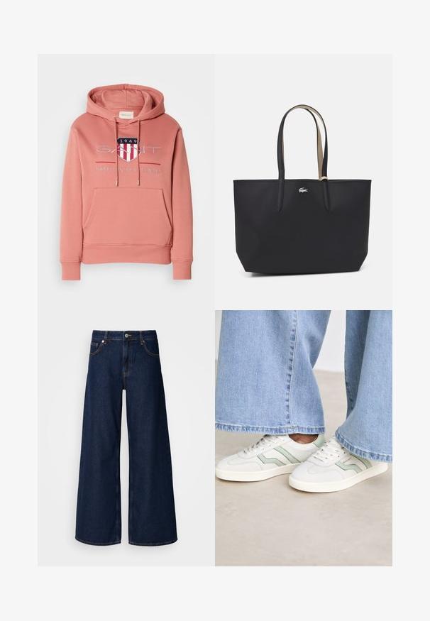 Rosa Hoodie mit Kängurutasche, Kapuze mit Kordelzug und gesticktem Logo, das ein Schild mit roten und weißen Streifen zeigt. Weicher Stoff.; Weite, dunkelblaue Jeans mit hoher Taille, Fronttaschen und Knopfverschluss. Merkmale sind Kontrastnähte und eine glatte Textur.; Weiße Sneakers mit hellgrünen Akzenten, strukturiertem Leder und flachen Gummisohlen. Kombiniert mit weit geschnittenen Jeans.; Schwarze Tragetasche mit strukturierter Form, aus texturiertem Material gefertigt, mit zwei langen Griffen und einem kleinen silbernen Logo auf der Vorderseite.