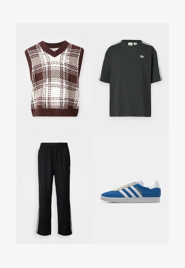 Rjav in smetana karirast pleteni brezrokavnik z obliko V-izreza in ribanim robom, ki prikazuje različne karirane vzorce in teksture.; Črna bombažna majica s kratkimi rokavi, okroglim vratom in belo trikratno črtasto okrasitvijo na ramenih. Na prsih majhen beli logotip.; Črne atletske hlače z elastičnim pasom, ki imajo bele stranske črte in majhen logo. Material izgleda mehak in lahek.; adidas Originals ADIDAS GAZELLE SHOES - Dvoranske nogometne kopačke - real madrid/bluebird/footwear white/crew yellow