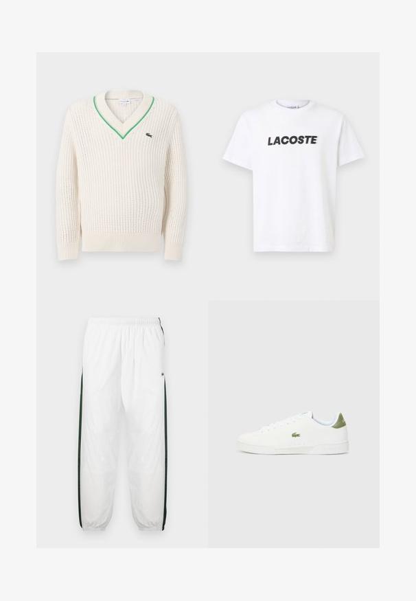 Izsmalcināts krēmkrāsas adīts džemperis ar v-veida kaklu, zaļiem malām un ribota apdare pie piedurknēm. Uz krūtīm redzams neliels Lacoste logo.; Balta kokvilnas T-krekla ar izteiktu melnu "LACOSTE" logo uz krūtīm. Īsas piedurknes un apaļas kakla izgriezums.; Baltas sporta bikses ar tumši zaļām sānu joslām. Viegls materiāls, elastīga josta un aproces apakšā. Satur acu auduma tekstūru sānu joslās.; Baltas sporta apavi ar gludu virsmu, ar zaļu akcentu uz papēža un mazu izšūtu krokodila logo sānos.