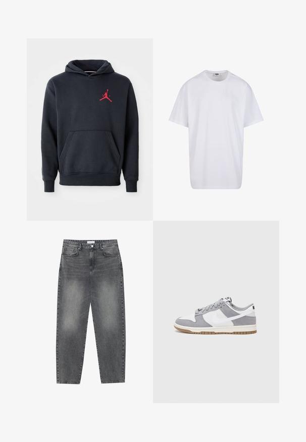 Hoodie bleu marine en tissu doux, doté d'une poche kangourou et d'un logo Jumpman rouge sur la poitrine. Design classique avec une capuche à cordelette.; T-shirt en coton blanc avec des manches courtes, un col rond, une coupe décontractée et sans logos ni motifs visibles. Texture lisse et design minimaliste.; Jean taille haute, décontracté en denim noir délavé. Comprend cinq poches, des passants de ceinture et un design de jambe droite épurée.; Baskets grises et blanches avec un dessus en suède et cuir, bout rond, lacets plats et semelle en caoutchouc avec une touche de gomme.