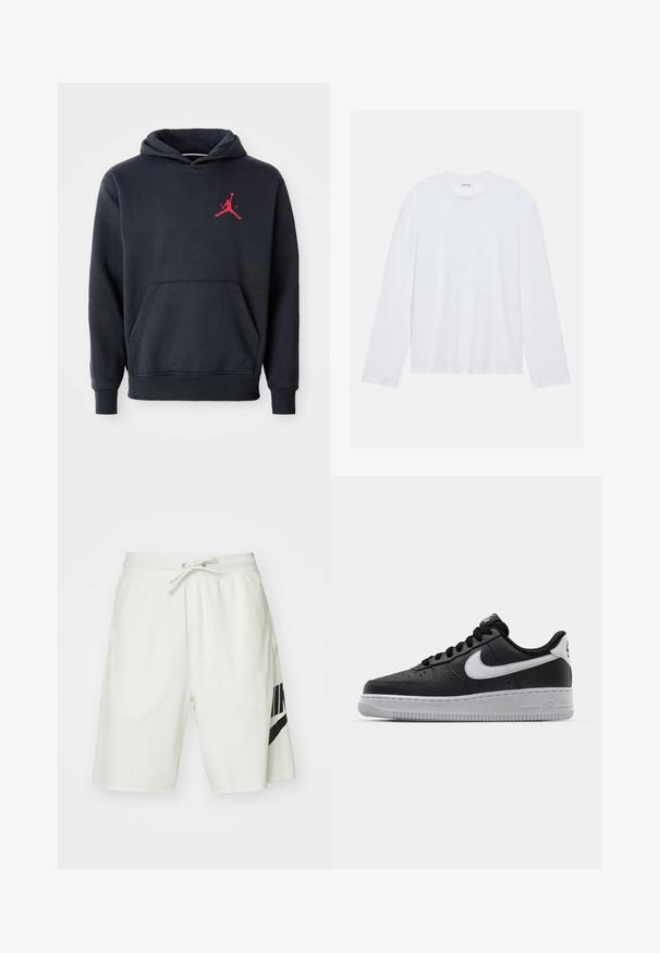 Marineblauwe hoodie van zacht stof, met een kangoeroezak en een rode Jumpman-logo op de borst. Tijdloos ontwerp met een capuchon met trekkoord.; Witte lange mouwen t-shirt gemaakt van katoen. Heeft een klassieke ronde halslijn en verlaagde schoudernaden, met een gladde, effen textuur.; Lichtgrijze katoenen shorts met een elastische tailleband, een verstelbaar trekkoord en een zwart Nike-logo aan de linkerkant.; Zwarte lederen sneaker met een textuur oppervlak, witte Nike swoosh, grijze zool, ronde neus en vetersluiting. Bevat perforaties op de neus.