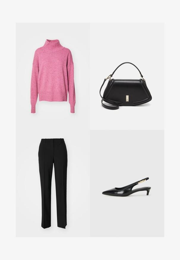 BOSS FAMINDI - Pulover - light pastel red; Pantaloni negri tailor-ed cu un design drept, având o textură fină și cute clare pe față. Fără elemente de prindere vizibile.; Sandale slingback din piele neagră cu vârf ascuțit, având un toc subțire și un accent de culoare aurie pe curea ajustabilă. Textură netedă.; Geantă de umăr din piele neagră, cu un design structurat, având o formă tăiată, mânere superioare și accente din aur. Include o curea de umăr ajustabilă.