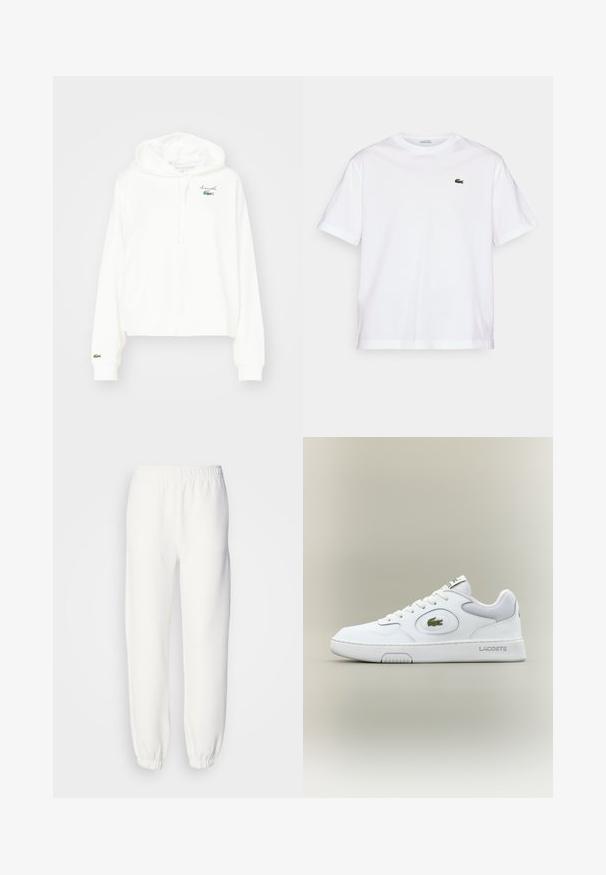Hoodie bianco realizzato in morbido cotone, con tasca a marsupio, cappuccio con cordino e un piccolo logo di coccodrillo verde sul petto.; T-shirt bianco in cotone con scollo rotondo e maniche corte. Caratterizzato da un logo ricamato verde sul petto. Tessuto morbido, vestibilità comoda.; Pantaloni della tuta bianchi realizzati in morbido tessuto lavorato a maglia. La vita e i polsini elasticizzati offrono una vestibilità rilassata. Design minimalista, senza motivi o accenti visibili.; Sneaker bianca in pelle con accenti in rete, punta tonda e lacci piatti. Presenta un logo in coccodrillo verde e il marchio "LACOSTE" sul tallone.