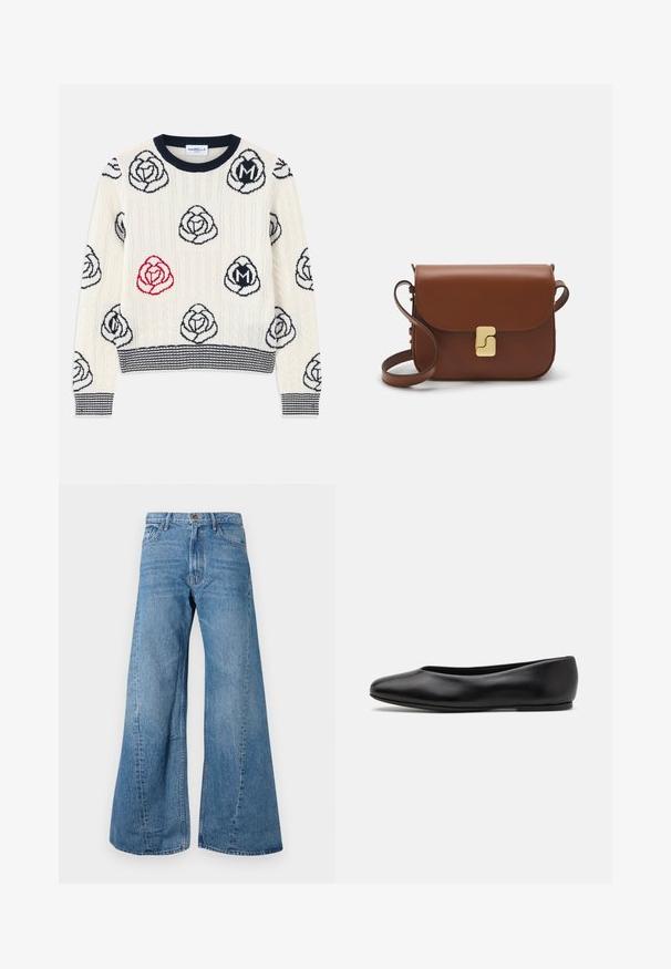 Strickpullover in Creme mit navyblauen und roten Rosenmustern. Verfügt über einen gerippten Ausschnitt und Bündchen sowie einen horizontal gestreiften Saum.; Helleblaue Jeans mit weitem Bein und hoher Taille, ausgestattet mit klassischem Fünf-Taschen-Design und leichten Verwaschungen für eine texturierte Optik.; Paul Smith TOPANGA - Klassischer Ballerina - black; Braune Ledertasche mit Klappenverschluss, Beschlägen in Goldfarbe, einem Schultergurt und einer glatten Oberfläche. Kompakte rechteckige Form.