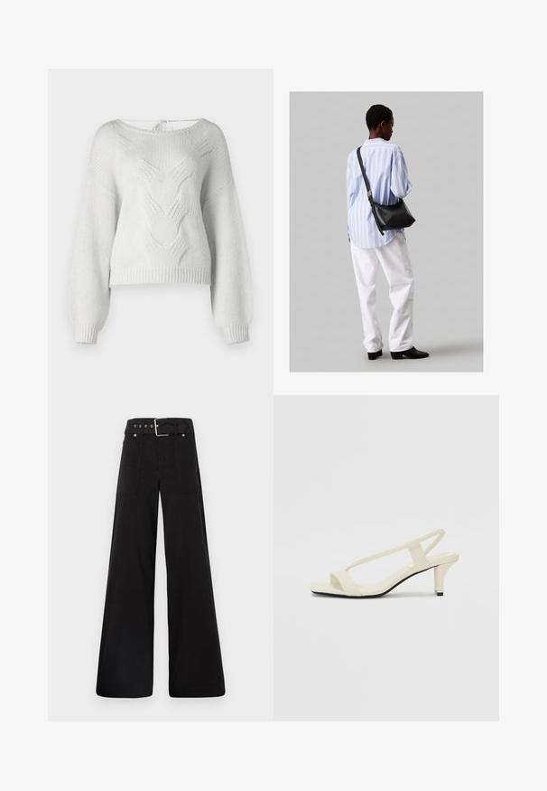Világosszürke kötött pulóver, széles nyakkivágással, bordázott mandzsettákkal, és strukturált zsinórmintával az elején. A hátsó részén kötözős részlet található.; Fekete, bő szárú nadrág, pamutból készült, magas derékkal, nagy oldalsó zsebekkel és ezüst színű hardverelemekkel ellátott övvel.; Beige színű, blokksarkú szandálok vékony pántokkal és négyzet alakú orral. Simább anyag, minimális részletezéssel, amely könnyű viselésre lett tervezve.; Fekete bőr válltáska puha tapintással, háromszög alakú, állítható pánttal, világoskék csíkos inggel és fehér nadrággal párosítva.