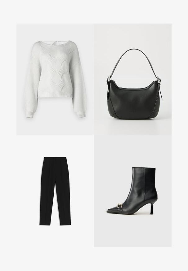 Hellgrauer Strickpullover mit weitem Ausschnitt, gerippten Bündchen und einem strukturierten Kabelmuster auf der Vorderseite. Mit einem Bindeband auf der Rückseite.; Schwarze Hose mit geradem Schnitt, doppelten Falten, einer glatten Textur und einem klassischen Bunddesign. Keine sichtbaren Beschläge oder Akzente.; Schwarze Leder-Stiefelette mit spitzer Zehe, schlankem, mittelhohem Absatz und silberner Schnalle seitlich vor einem schlichten Hintergrund.; Schwarze Ledertasche mit geschwungener Form, silbernem Reißverschluss und kurzem Griff. Verfügt über ein dezentes Logo auf der Vorderseite und eine glatte Textur.