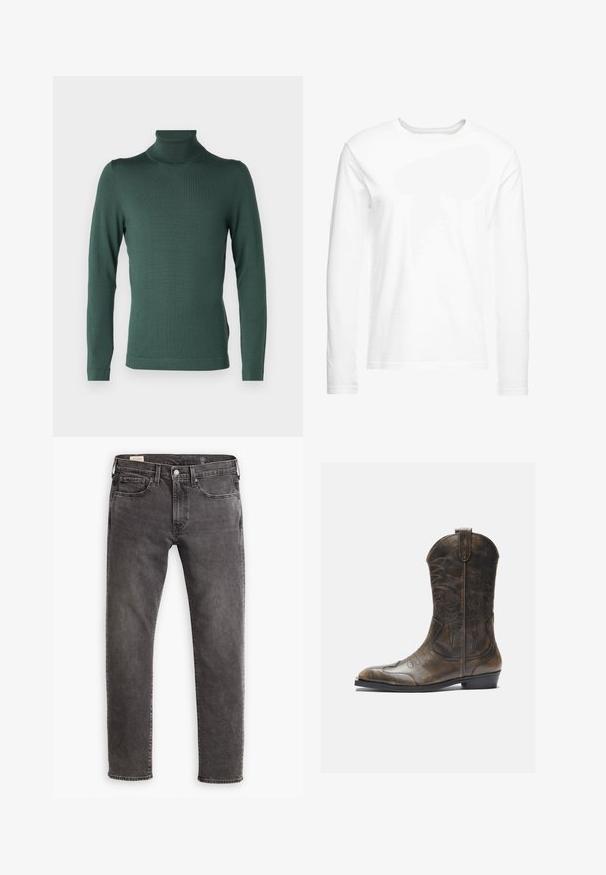 DRYKORN JOEY - Trui - green; Langsleeve witte t-shirt gemaakt van zachte katoen. Ronde halslijn met rechte zoom en geen zichtbare patronen of graphics.; Grijze denim jeans met een rechte snit, een vijf-pocket ontwerp en een knoopsluiting. Voorzien van subtiele vervaging en tonale stiksels overal.; Bruine leren cowboylaars met een hoge schacht, spitse neus, ingewikkelde stikpatronen en een kleine hak. Gevarieerde afwerking overal.