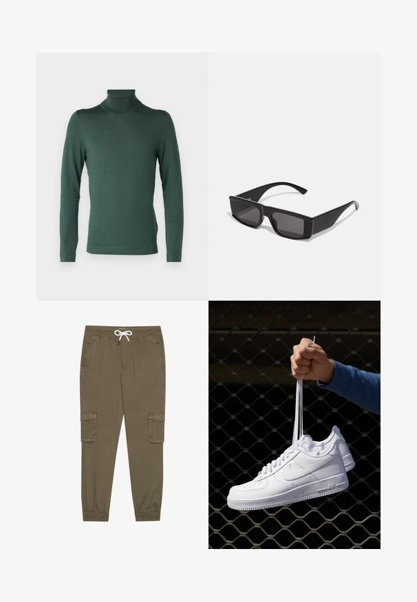 DRYKORN JOEY - Jersey de punto - green; Pantalones cargo caqui con cintura elástica y cordón, que cuentan con bolsillos laterales y tobillos ajustados. Fabricados en un material ligero y texturizado.; Zapatillas de cuero blanco con perforaciones, punta redonda, suela plana y cordones gruesos, con un logo de swoosh visible y "AIR" en el talón.; Gafas de sol negras con montura rectangular y lentes oscuros. Hechas de plástico brillante, presentan un diseño angular y patillas delgadas.