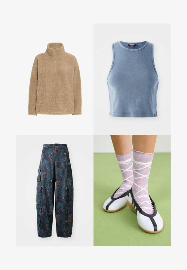 Beige fleece-pullover med halv-zip, høj krave og sidelommer; har en struktureret, blød overflade og en afslappet pasform.; Lyseblå ribbet crop top med rund udskæring og ærmeløst design. Glat tekstur og en lille logo detalje ved kanten.; Camo cargo bukser i mørkegrøn og brun, med flere lommer og en løs pasform, lavet af letvægtigt, holdbart stof.; Hvide flade sko med sort trim og sål, parret med lyse lilla ribbede sokker med hvide krydsseler. Sat mod en grøn baggrund.