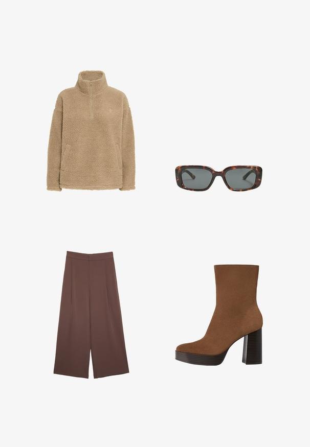 Beige Fleece-Pullover mit halbem Reißverschluss, hohem Kragen und Seitentaschen; verfügt über eine strukturierte, weiche Oberfläche und eine lockere Passform.; Braune Weite-Leg-Hosen mit einer glatten Textur, hoher Taille und Vorderfalten. Der Stoff ist leicht und fällt locker.; Braunes Wildleder-Ankle Boot mit runder Spitze, klobigem schwarz gestreiften Absatz und glatter Oberfläche. Besitzt ein enganliegendes Design ohne sichtbare Beschläge.; Sonnenbrille im Schildpatt-Design mit rechteckigen Gläsern, dicken Rahmen und dunkelgetönten Gläsern. Glatte Textur und minimalistisches Design.