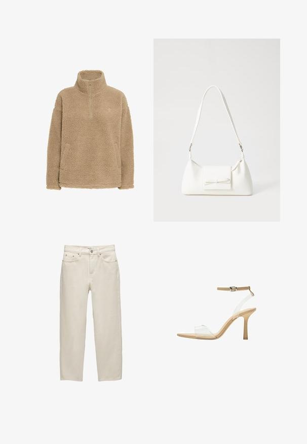 Beige fleece pullover met halve rits, hoge kraag en zijzakken; heeft een gestructureerd, zacht oppervlak en een ontspannen pasvorm.; Witte denim jeans met een ontspannen pasvorm, featuring een rechte pijp, vijf-pocket ontwerp en metalen hardware met een subtiele textuur.; Heldere sandaal met een doorzichtige bovenkant, beige voetbed en een slanke enkelriem. Voorzien van een spitse neus en een dunne hoge hak.; Witte synthetische handtas met een driehoekige vorm, platte voorklep en strikdetail, verstelbare schouderriem, gladde textuur en minimalistisch ontwerp.