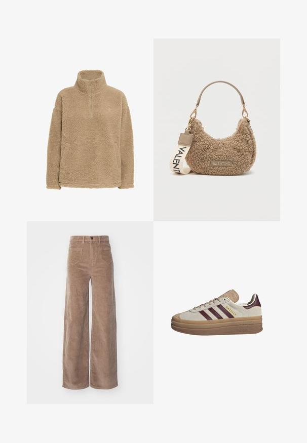 Beige fleece pullover with half-zip, high collar, and side pockets; features a textured, soft surface and a relaxed fit.; ONLY HOPE GLOBAL HW EBBA POCKETS - Trousers - fossil; Beige suede sneakers with maroon stripes, white accents, a chunky translucent sole, and raised branding on the side. Laced design.; Brown textured handbag made of plush material, featuring a curved shape, a short handle, and a removable strap with "VALENTINO" printed.