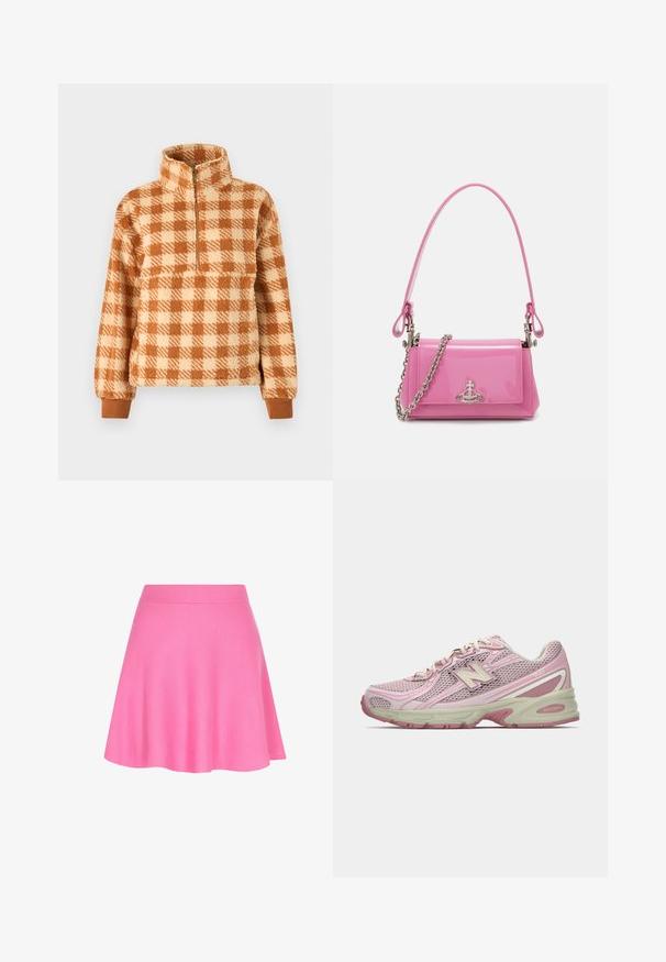 Hnedo-krémový károvaný pulóver vyrobený z nadýchaného materiálu, s polovičným zipsom na krku a rebrovanými manžetami pre tesný strih.; Ružová pletená sukňa s priliehavým pásom a rozšíreným strihom, vyrobená z jemnej látky, ktorá pridáva hladkú textúru.; Ružová a béžová teniska New Balance 740 so sieťovinovým a syntetickým zvrškom, šnurovaním a polstrovanou podrážkou, zobrazená z bočného profilu.; Ružový lesklý kožený kabelka s obdĺžnikovým tvarom, odnímateľným reťazovým popruhom a striebornými kovovými detailmi na prednej strane.