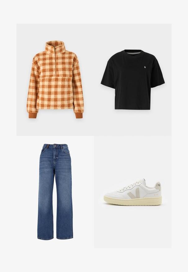 Pruun ja kreemjas ruuduline põimitud särk, mis on valmistatud pehmest materjalist, pool-zip krae ja soonikuga mansettidega, et tagada mugav sobivus.; Must have t-särk, mis on valmistatud puuvillast, lühikeste varrukatega, ümmarguse kaelusega ning vasakul rinnal on väike valge logo.; Laiad jalgadega denim teksad, mis on valmistatud keskmise kaaluga sinisest puuvillakudumist. Omab klassikalist viit taskut ja lukuga esiots, millel on nööbiga kinnitamine.; Valge nahast tenniseking, millel on beežist siidist aktsent ja aukudega varvas, lame paelad ja tekstureeritud koorevärvi tallad. Omab nüansirikast brändimist kannal.