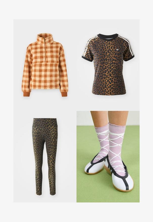 Hnědý a krémový kostkovaný svetr vyrobený z nadýchaného materiálu, s límcem na půl zip a žebrovanými manžetami pro pohodlné nošení.; Tričko s potiskem leopardího vzoru, krátké rukávy, černý žebrovaný kulatý výstřih a bílé boční pruhy. Vyrobeno z měkké látky s volným střihem.; Legíny se zvířecím vzorem v barvě leopardího kožešiny, s vysokým pasem, elastickým materiálem a černými akcenty na světle hnědém základu, navržené pro pohodlí a dokonalé padnutí.; Bílé ploché boty s černým lemem a podrážkou, doplněné světle fialovými žebrovanými ponožkami s bílými křížovými pruhy. Umístěné na zeleném pozadí.